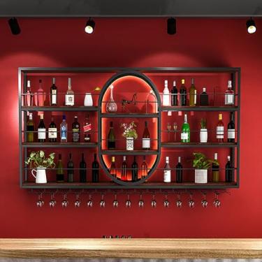 Imagem de Rack de vinho de 3 níveis montado na parede Prateleiras de barra de vinho de metal com prateleiras de barra de luz LED montadas na parede com suporte de vidro Prateleira de barra suspensa de grande