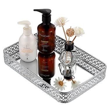 Imagem de ELLDOO Bandeja espelhada de perfume, organizador de joias esculpido vazado, bandeja de armazenamento de bugigangas de metal de vidro, organizador de decoração de casa, para cômoda, bancada, banheiro