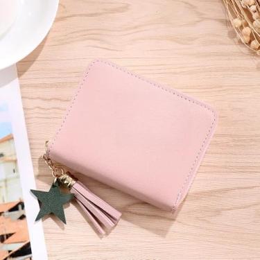 Imagem de Carteira feminina pequena pequena carteira feminina com borla linda garota curta com zíper adorável bolsa de moedas de couro sintético feminina bolsa de mão, rosa, Bonito