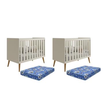 Imagem de Kit Gêmeos Berço Americano Isis Areia Com Colchões Baby Physical - Reller Móveis Areia