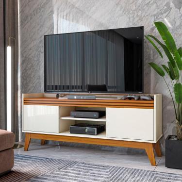 Imagem de Rack Tv Ripado 50 Polegadas Com 2 Portas Monaco - Off White E Cedro