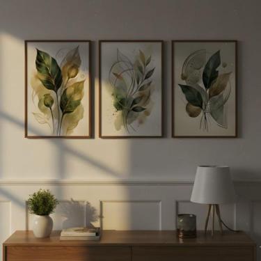 Imagem de Kit 3 Quadros Folhagem Verde Dourado Aquarela com Moldura - Zarco Inte