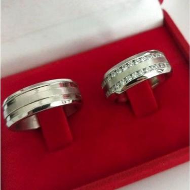 Imagem de Par De Aliança 8Mm Feminina Cravejada Em Zircônias Aço Inox