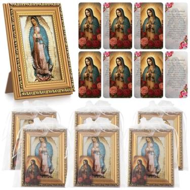 Imagem de Leinuosen Porta-retrato Nossa Senhora de Guadalupe com cavalete nas costas virgem de Guadalupe cartão de oração bolsa de organza favores de batismo conjunto de presente religioso católico para