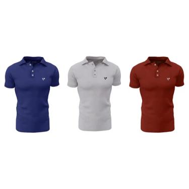 Imagem de Kit 3 Camisas Gola Polo Voker Com Proteção Uv Premium - M - Azul, Cinza e Vermelho