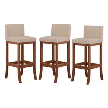Imagem de Kit 3 Banquetas Média Encosto Estofado 38x88Cm Ilha Espanha Madeira Maciça Castanho Suede Bege - CCS
