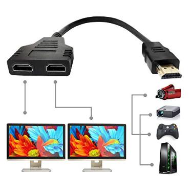 Imagem de Divisor de cabo HDMI cabo adaptador HDMI 1 entrada 2 saídas HDMI macho para fêmea dupla de 1 a 2 vias, suporta duas TVs do mesmo tamanho ao mesmo tempo, sinal um em dois espelhos 1080p apenas não pode