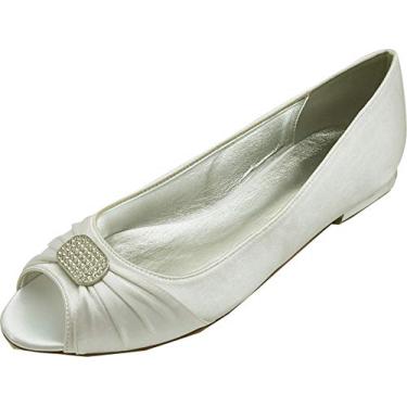 Imagem de Sandálias femininas de casamento com strass sem salto Peep Toe Slip On Bridal Dress Shoes, Marfim, 10