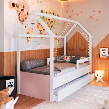 Imagem de Cama Infantil Montessoriana com Cama Auxiliar Miney Branco e Rosa