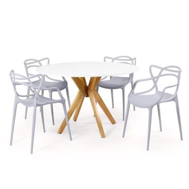 Imagem de Conjunto Mesa de Jantar Redonda Marci Branca 120cm com 4 Cadeiras Allegra - Cinza