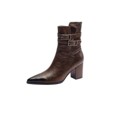 Imagem de TinaCus Botas femininas de couro genuíno bico fino feitas à mão com fivelas de salto grosso e zíper no tornozelo, Marrom, 5