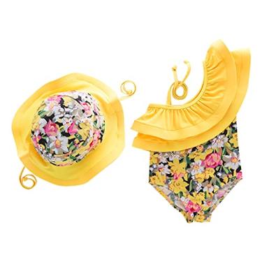 Imagem de Maiô floral para meninas com babado 1 ombro 1 peça floral praia casual praia maiô feriado biquíni + chapéu, Amarelo, 4-5T