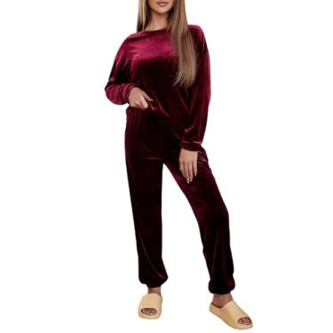 Imagem de Conjunto de agasalho feminino casual de veludo para usar em casa, pulôver, calça comprida, agasalho de cetim sólido, Vermelho (Fiery Red), M