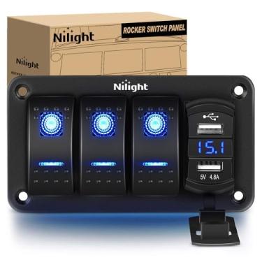 Imagem de Nilight Painel de interruptor de 3 entradas com voltímetro de carregador USB duplo de 4,8 Amp à prova d'água 12 V 24 V CC Interruptor basculante com adesivos de brilho noturno para carros, caminhões, barcos, trailers, 2 anos de garantia