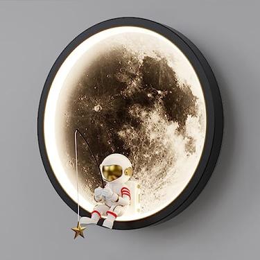 Imagem de Candeeiro de parede lunar ultrafino, candeeiro de parede criativo de astronauta para quarto infantil, arandela de parede redonda de metal com abajur de resina, candeeiros de parede LED modernos de 12
