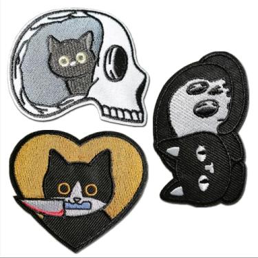 Imagem de CHBROS 3 adesivos bordados com caveira e gato, aplique de ferro/costurar em adesivos para roupas, jaquetas, camisetas, mochilas... (conjunto de 3)