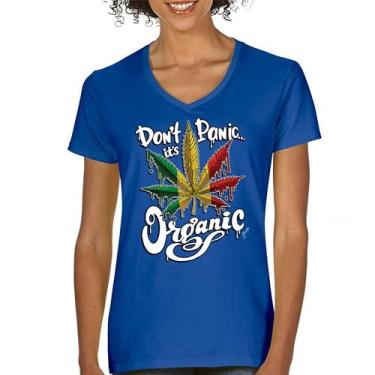 Imagem de Camiseta feminina Don't Panic It's Organic gola V 420 Weed Pot Leaf Smoking Marijuana Legalize Cannabis Stoner Pothead Tee, Azul, G