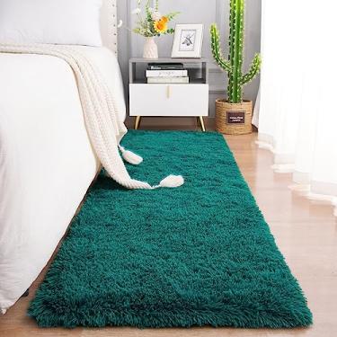 Imagem de Tapete passadeira macio Chicrug, felpudo, de pelúcia fofa, não solta pelo, para quarto, sala de estar, berçário, quarto infantil, de menina, decoração de casa, 0,6 x 1,8 m (verde-azulado)