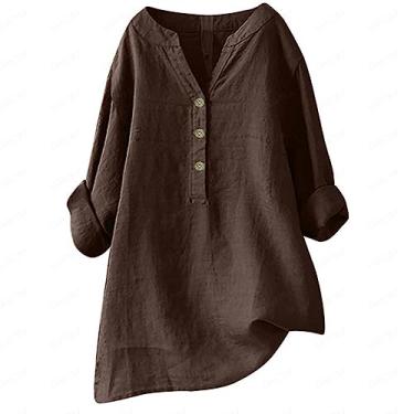 Imagem de Howstar Blusas de linho femininas 2024 verão plus size túnica com botão decote em V blusa casual elegante camisa de manga curta, Café, G