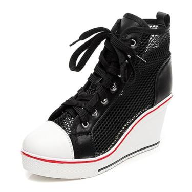 Imagem de ALLINNINE Tênis feminino de salto alto moderno de lona cano alto com cadarço borda cunha zíper inclinado sapatos tamanho 4-11, Rede preta, 36