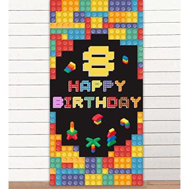 Imagem de Blocos de construção coloridos, faixa de fundo de feliz aniversário de 8 anos, brinquedos de construção, blocos de tijolos, decoração temática para meninos 8º aniversário, lembrancinhas, suprimentos,