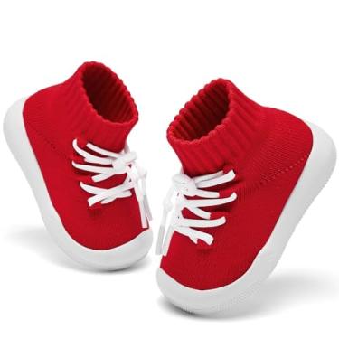 Imagem de Fahrerliebe Sapatos de caminhada para bebês para meninas, sapatos de caminhada para bebês, antiderrapante, infantil, sem cadarço, tênis de pés pequenos, Cadarços vermelhos, 9-12 meses