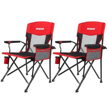 Imagem de Cadeira de acampamento para adultos, estrutura de aço preta, resistente, de 150 kg, com tecido preto e vermelho, 2 peças, uma caixa com suporte para copo de descanso de braço e bolsa de transporte