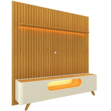 Imagem de Painel Gelius Nobre e Rack nobre com LED para TV de ate 85 polegadas pês de madeira Naturale OFF White