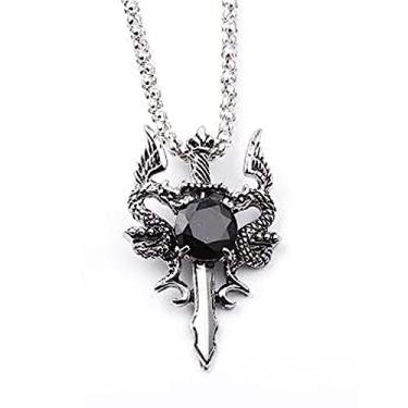 Imagem de Colar com espada de dragão gêmeo, prata, gótico, cavaleiro, cruz, coração, melhores amigos, Wyvern, cavaleiro, joia vermelha, dragão Mjolnir Medalhão masculino NW Wolfpack floresta Ouroboros serpente