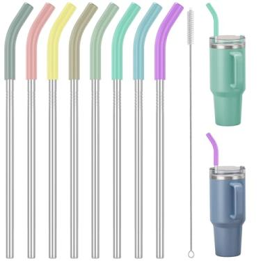 Imagem de SAINT NIEVE Pacote com 8 canudos de aço inoxidável para Stanley Adventure Quencher H1.0 H2.0 35 cm de comprimento, 0,9 cm de diâmetro, inclui 8 pontas extensoras coloridas de silicone e 2 escovas de