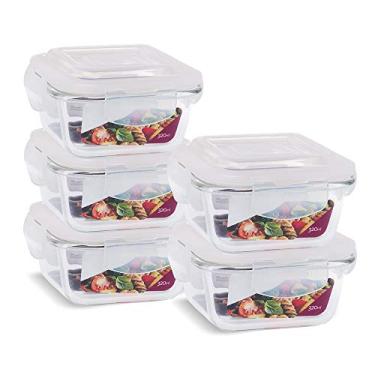 Imagem de KIT 5 Potes de Vidro Quadrado com Tampa Hermética 320ml Cor:Branco (QH)