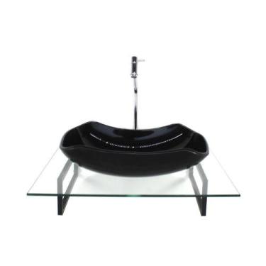 Imagem de Kit Cuba Vidro Abaulada Preta Tampo 60Cm Incolor E Suporte - Cubas E G