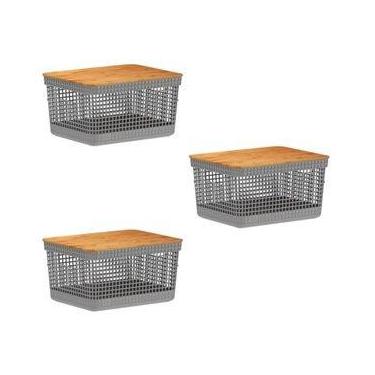 Imagem de 3x Caixa Organizadora Cesto Tampa De Bambu 8 Litros Grid Ou, Chumbo