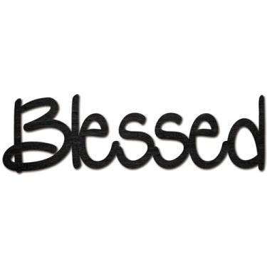 Imagem de CREATCABIN Blessed Word Placa de corte a laser com letras de madeira preta decoração de parede placas de madeira inacabadas arte de parede madeira tília decoração de escultura pendurada para