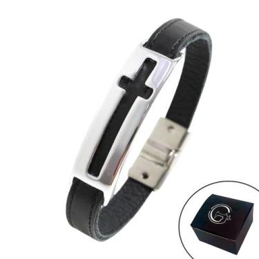Imagem de Pulseira de Couro Masculina Magnética Cruz Slim Vazada - GRANADO ACESS
