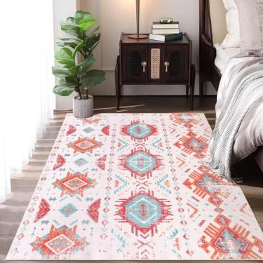 Imagem de WESTLOOM Tapete grande 20 x 25 cm Boho Tapete geométrico antiderrapante tapete de borracha lavável tapete de quarto sem queda de destaque para sala de estar, azul/rosa