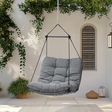 Imagem de Pellebant Cadeira de rede com almofada – cadeira de rede suspensa ao ar livre para pátio, varanda, quarto, jardim, pátio, varanda – barra de aço resistente com anéis de segurança antiderrapantes,