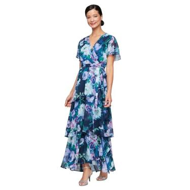 Imagem de S.L. Fashions Vestido longo maxi feminino de manga curta com decote sobrepeliz, casamento (tamanho pequeno e regular), Azul multi, 42