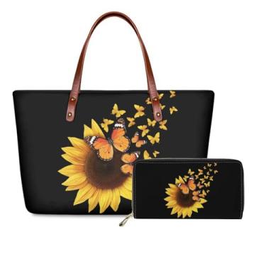 Imagem de FKELYI O conjunto de 2 bolsas femininas inclui carteiras longas com alça superior de grande capacidade, bolsas de ombro femininas, Girassol borboleta amarela, One Size