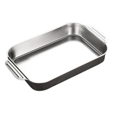 Imagem de ＫＬＫＣＭＳ Assadeira de aço inoxidável para grelha de peixe, retangular com alças, bordas laminadas lisas e resistentes à ferrugem, placa de frutos do mar, C