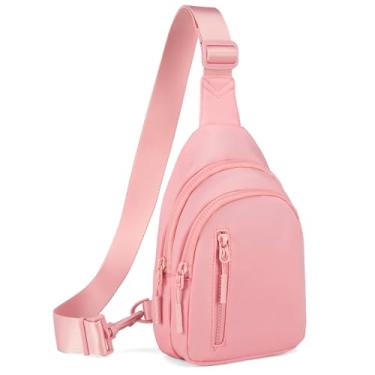 Imagem de Viverte Bolsa tiracolo pequena para mulheres com 4 bolsos transversais pochete feminina para viagens ao ar livre, Rosa claro, 6.69 x 2.95 x 10.23 inches, Compacto