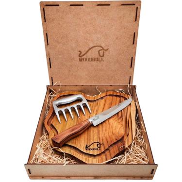 Imagem de Kit Churrasco Edição Especial, com Ferramentas para Preparar e Servir Carnes com Estilo, Ideal para Churrascos, Festas e Presente, Tábua Artesanal, Faca Inox 7" e Garra de Urso – WOODBULL.