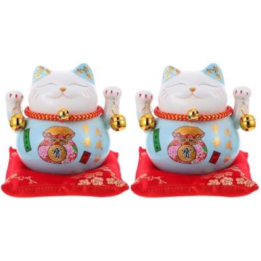 Imagem de Happyyami Cofrinho De Gato Da Fortuna De Cerâmica Maneki Neko 4. 5 Polegadas 2 Peças Japonês Braço Ondulado Estátua De Gato Para Receber Riqueza Azul