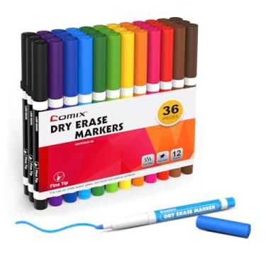 Imagem de Comix Marcadores apagáveis a seco de baixo odor, marcadores de quadro branco de ponta fina, 36 marcadores de 12 cores sortidas para crianças, professores, material escolar e de escritório