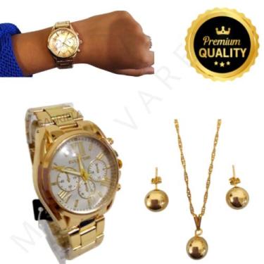 Imagem de Kit Relogio Dourado + Colar + Brinco Presente Mulher Namorada Mãe - ki
