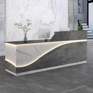 Imagem de Mesa de recepção moderna para escritório, balcão de recepção, recepção de recepção, mesa de balcão de escritório madeira projetada com tiras de luz para salões de beleza, textura cinza + textura
