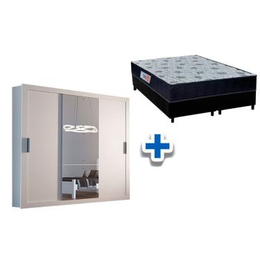 Imagem de Cama Box Casal + Colchão Foggia Sognia + Guarda Roupa Veneza Luxo Branco