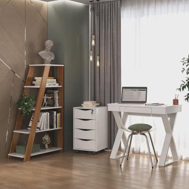 Imagem de Conjunto Escrivaninha Veneza, Gaveteiro Bit e Estante Star Cor Branco Com Freijó