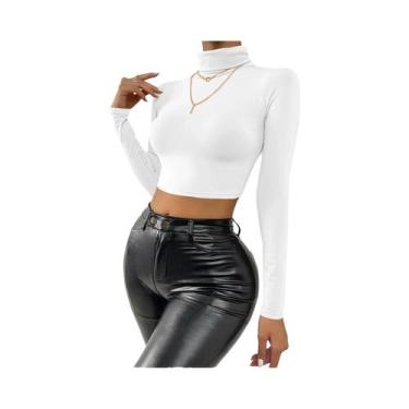 Imagem de Sexy manga longa espartilho topo feminino gola alta magro curto camise