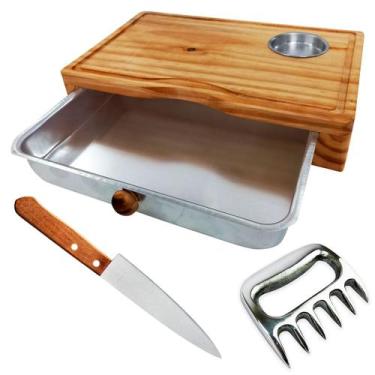 Imagem de Kit Churrasco Tábua Madeira Clara 1 Pote Faca Garra Urso - JJVERAS
